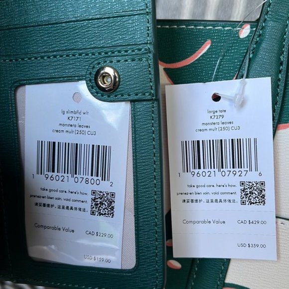 Kate Spade Cara Large Tote Monstera Leaves & Large Slim Bifold Wallet Cream Mult - Picture 12 of 16